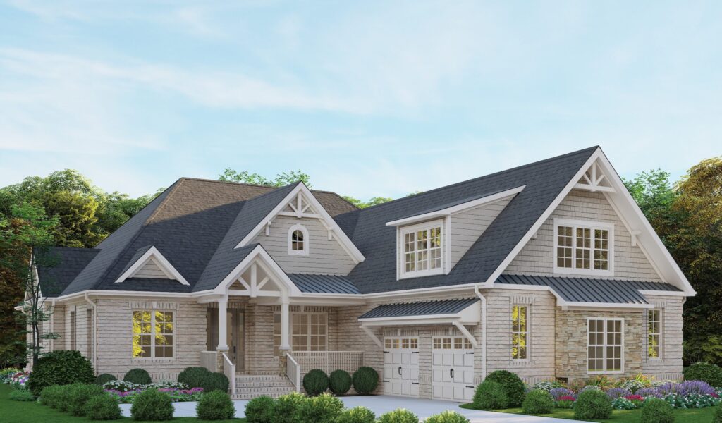 Modern custom home with gabled roof, stone facade, large windows, and a manicured garden, set against a clear blue sky backdrop.