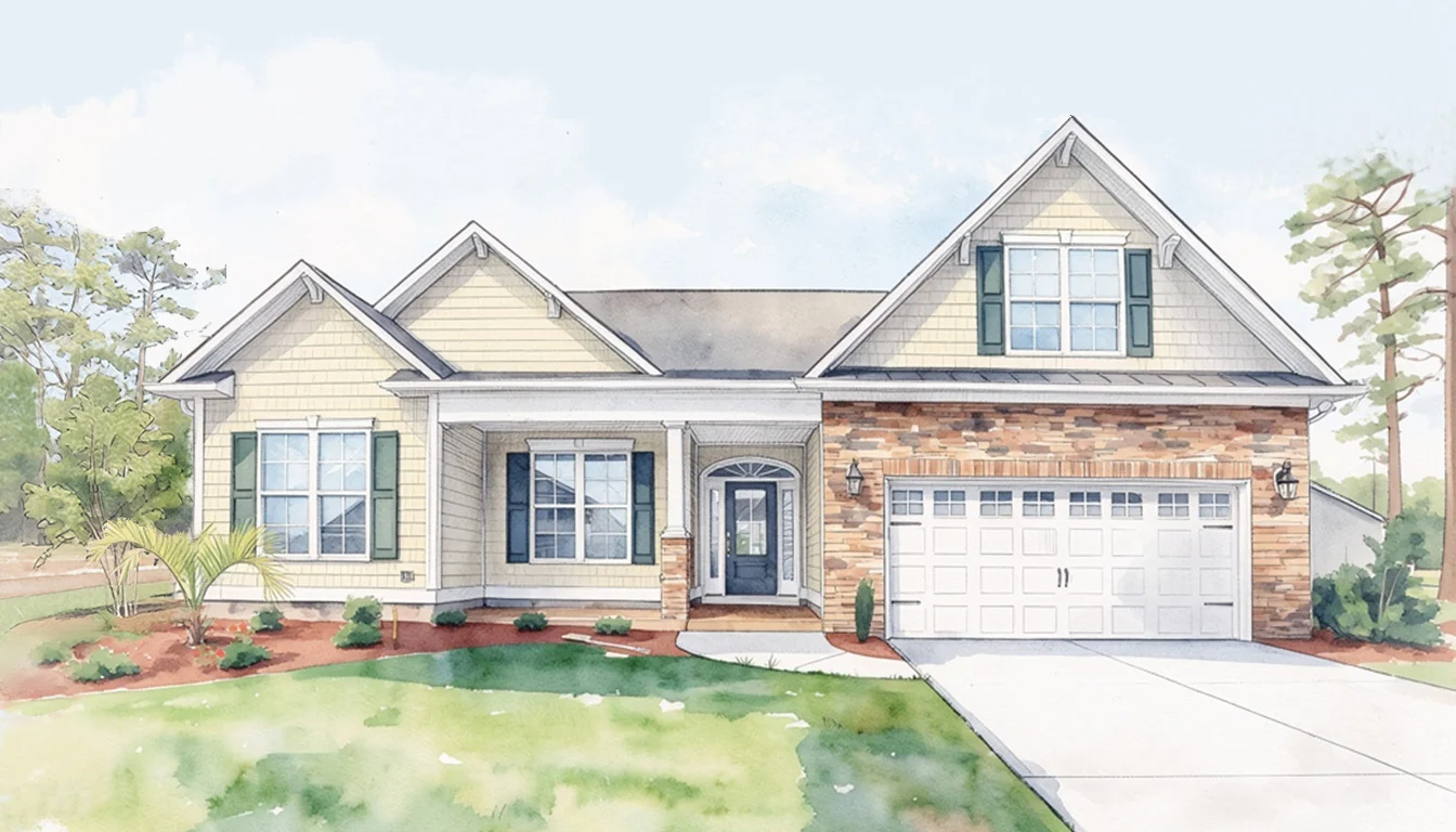 Charming ranch-style home with beige siding, brick accents, and green shutters by a respected home builder. Lush front yard and wide driveway.