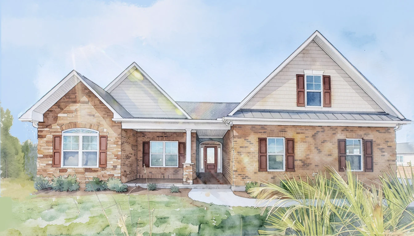 Watercolor of a brick house with gable roof, white trim, and brown shutters. Prominent front porch illustrates classic home builder design.