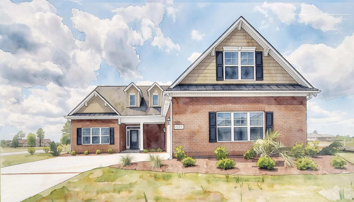 Modern brick home with gabled roof, large windows, and landscaped front yard. Blue sky, clouds create a serene backdrop. Ideal for a home builder show