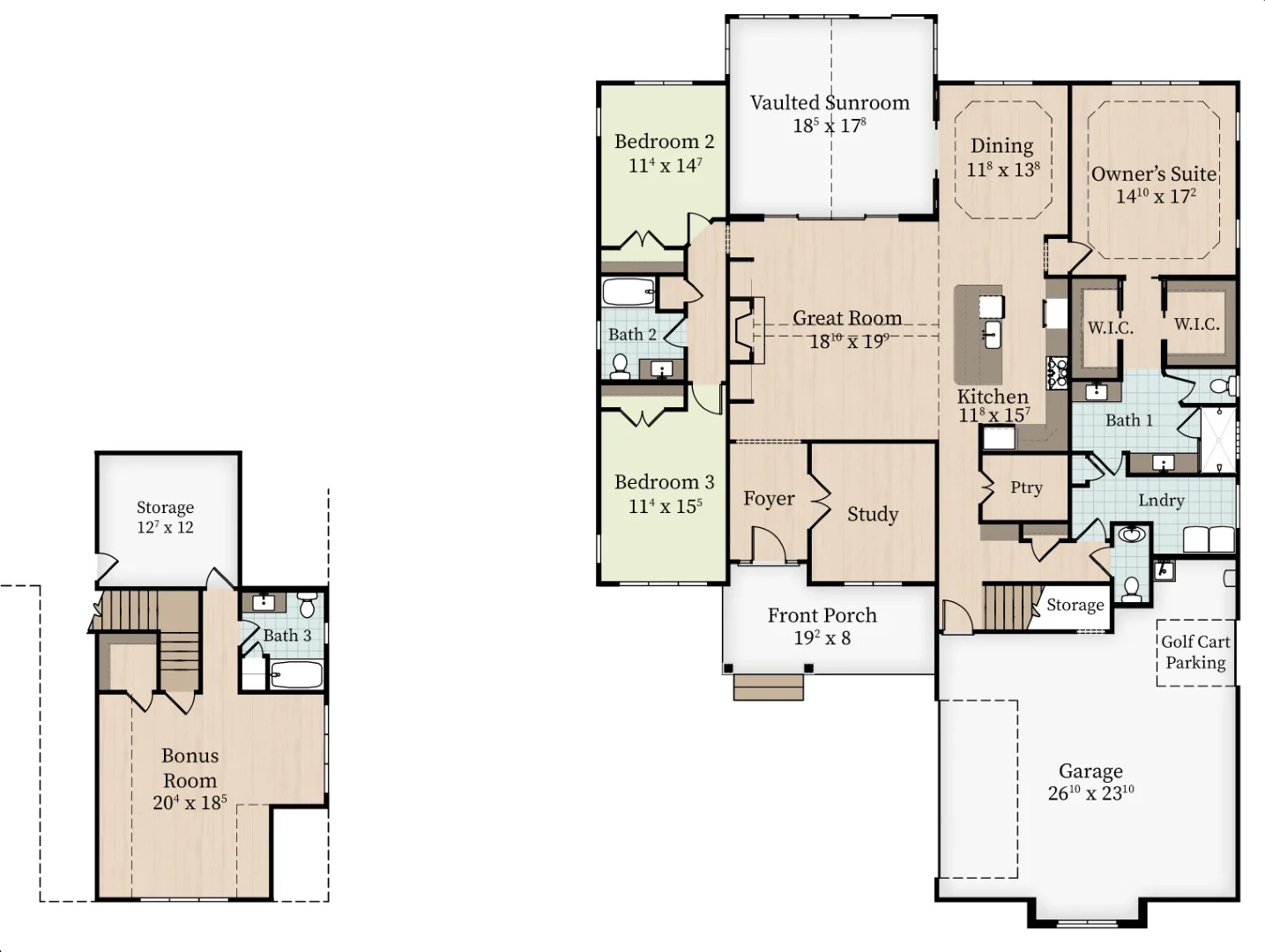 Coral-Bay-Courtyard-COLOR Floorplan-2 WEB Home builder floor plan features 3 bedrooms, vaulted sunroom, great room, study, kitchen, bonus room, and garage with golf cart parking.