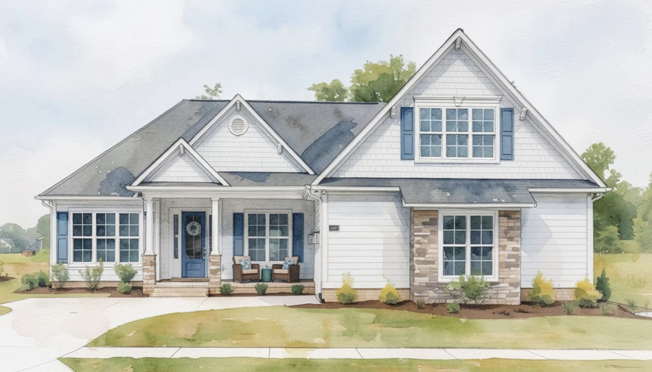 Coral-Bay-Courtyard-RENDERING Charming white house with blue shutters, stone accents, and covered porch, showcasing innovative home builder design amidst a green landscape.