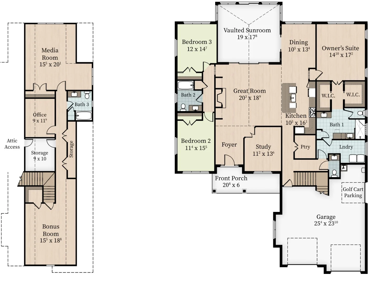 Floor plan for a home builder showing media room, office, and bonus room upstairs. Main level includes bedrooms, kitchen, great room, and garage.