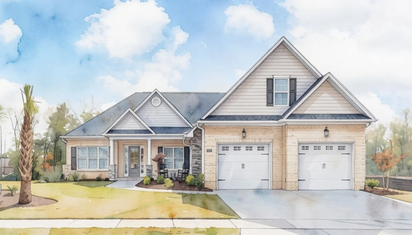 Coral-Bay-II-RENDERING Modern single-story home with two-car garage, brick facade, and landscaped yard, showcasing home builder craftsmanship under a blue sky.