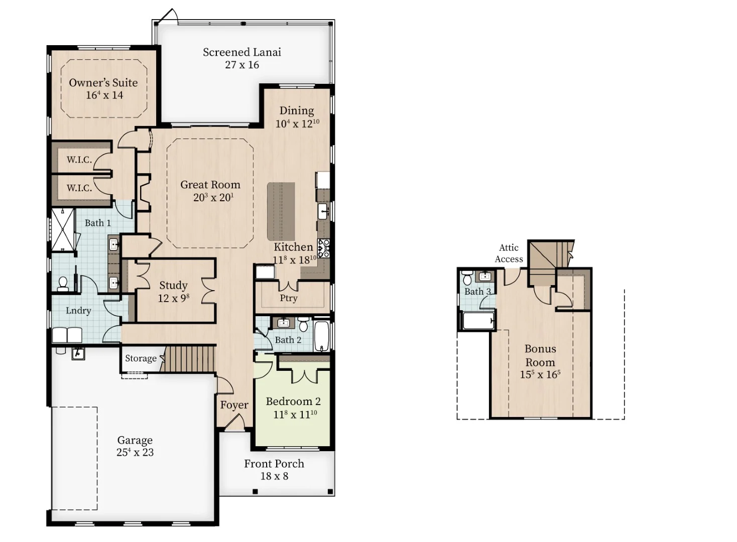 Floor plan with garage, two bedrooms, study, great room, kitchen, dining area, screened lanai, and a bonus room. Ideal for a home builder.