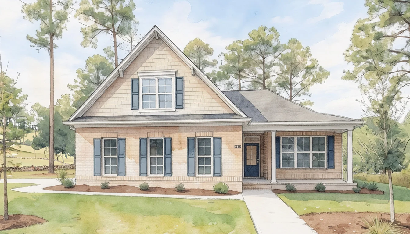 Harbor-Pointe-RENDERING Charming suburban home with brick façade, blue shutters, and gabled roof, surrounded by trees. Ideal work of a skilled home builder.