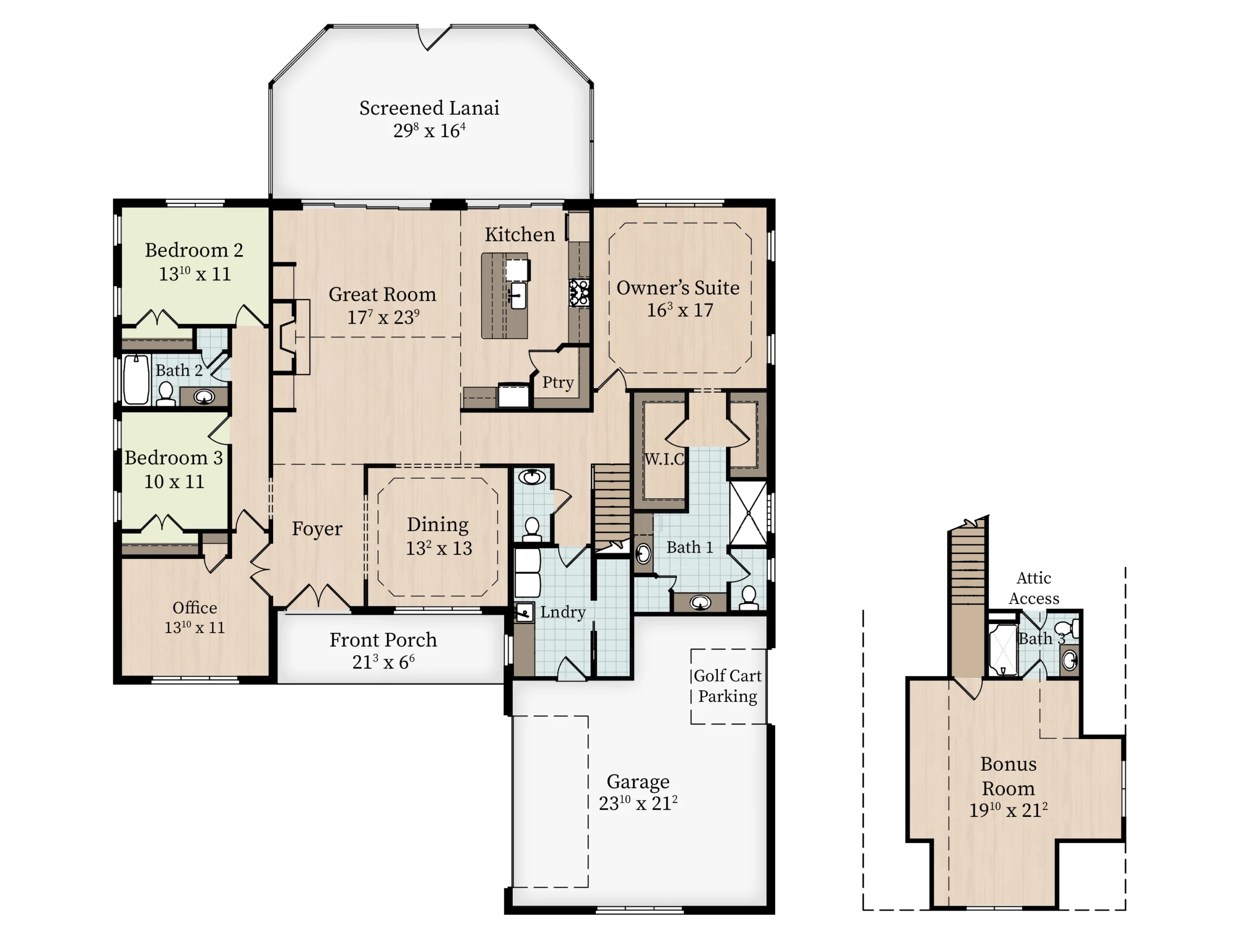 Floor plan featuring three bedrooms, screened lanai, kitchen, great room, office, garage, and bonus room. Ideal for a home builder project.
