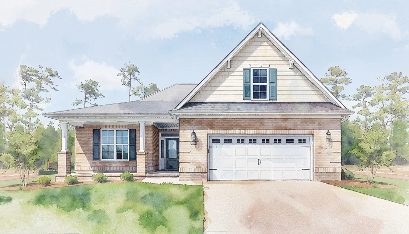Single-story brick house with gabled roof, white garage door, and a porch. Surrounded by trees, illustrating a home builder's design.