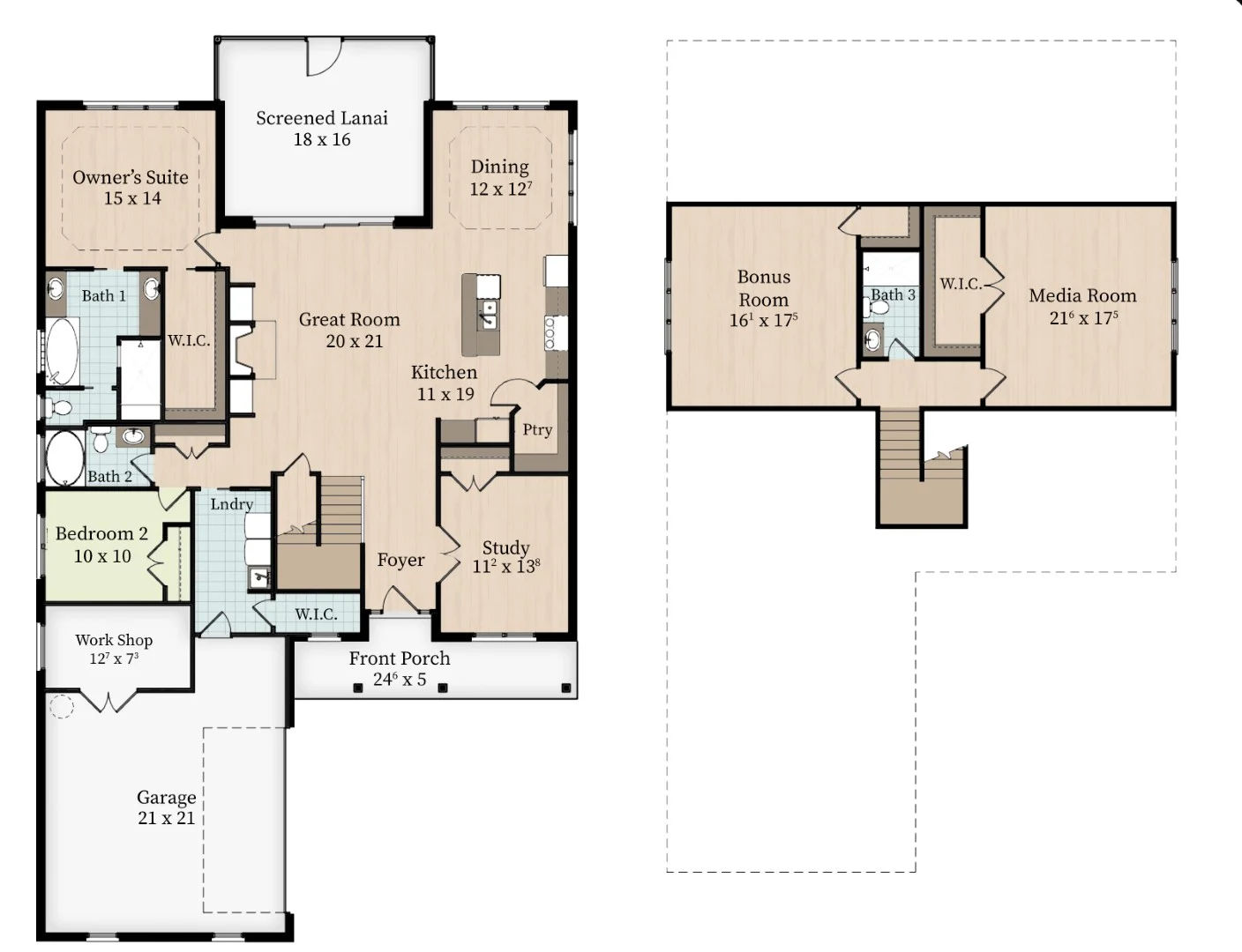 Floor plan by home builder features two levels with great room, screened lanai, kitchen, study, bonus and media rooms, and two bedrooms.