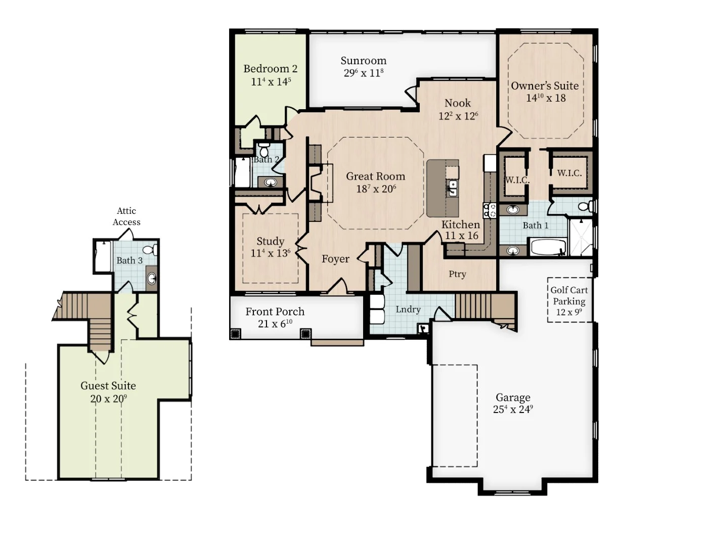 Floor plan with owner’s suite, two additional bedrooms, sunroom, garage, and guest suite; ideal for a home builder project.