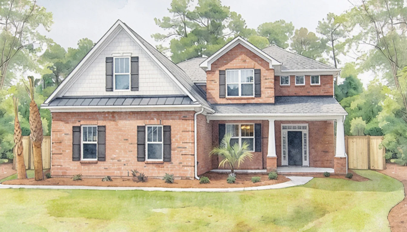 Red brick house with gabled roof, black shutters, and front porch. Surrounded by greenery, showcasing a home builder’s craftsmanship.