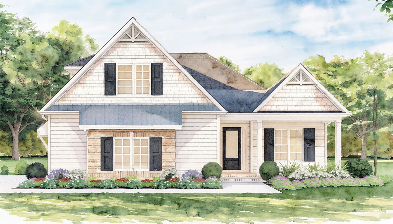 Charming cottage-style home with gabled roof, landscaped garden, and a welcoming porch, perfect for a meticulous home builder's project.