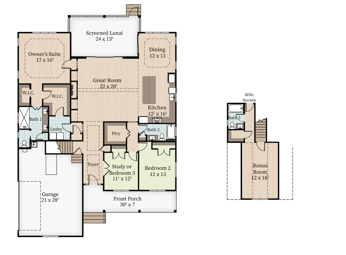 Floor plan with two levels, featuring a great room, owner's suite, kitchen, dining area, and bonus room. Ideal layout for home builders.
