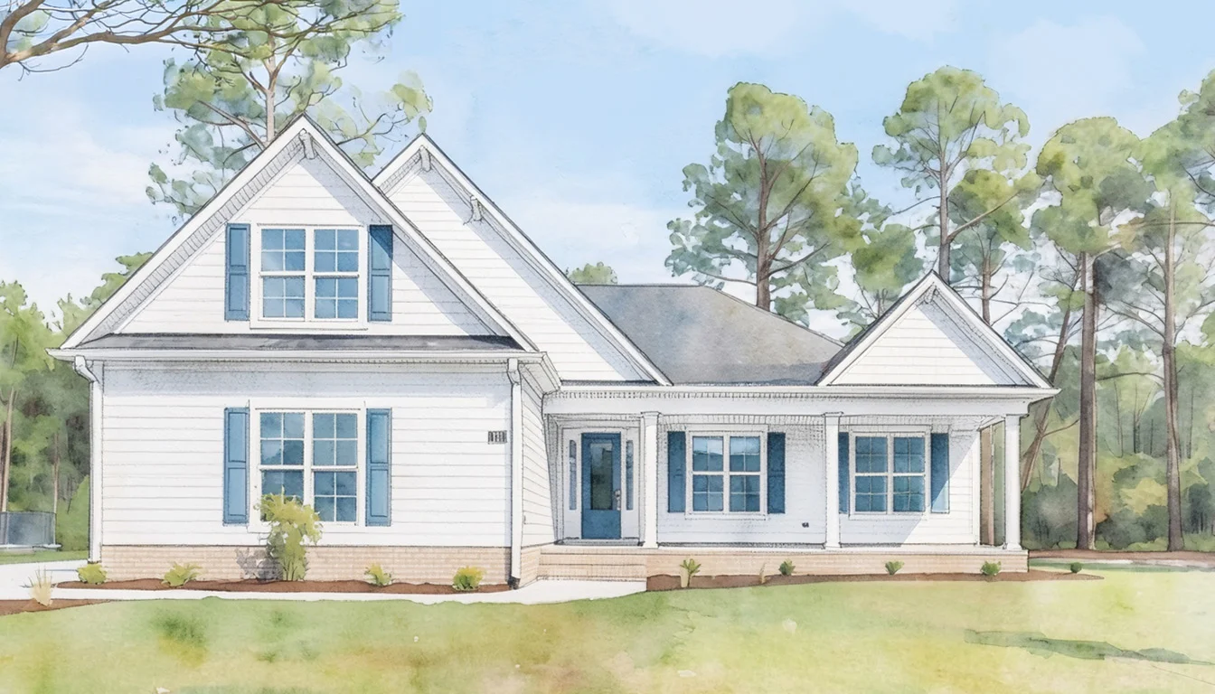 Pine-Breeze-RENDERING Charming white house with blue shutters, set amidst pine trees. Ideal for a home builder focused on creating spacious, serene residences.
