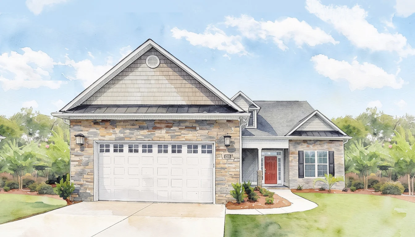 Single-story stone house with large garage, red door, and landscaped lawn under a blue sky, showcasing home builder craftsmanship.
