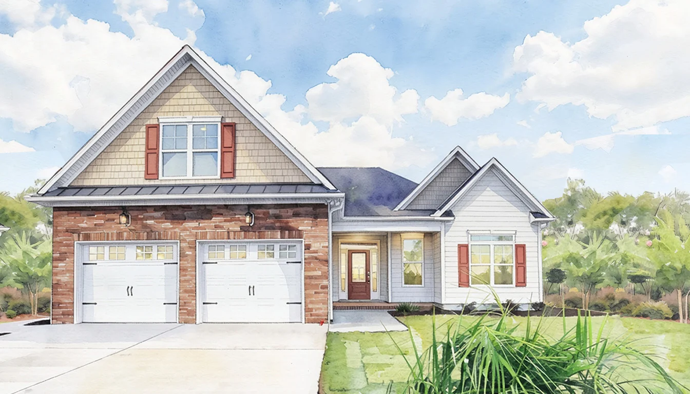 Modern suburban house with two-car garage, red shutters, and neatly landscaped yard, showcasing home builder design.