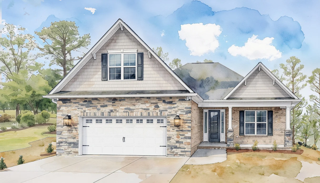 Charming single-story home with stone facade, pitched roof, large garage, and welcoming porch, showcasing skilled craftsmanship of a home builder.