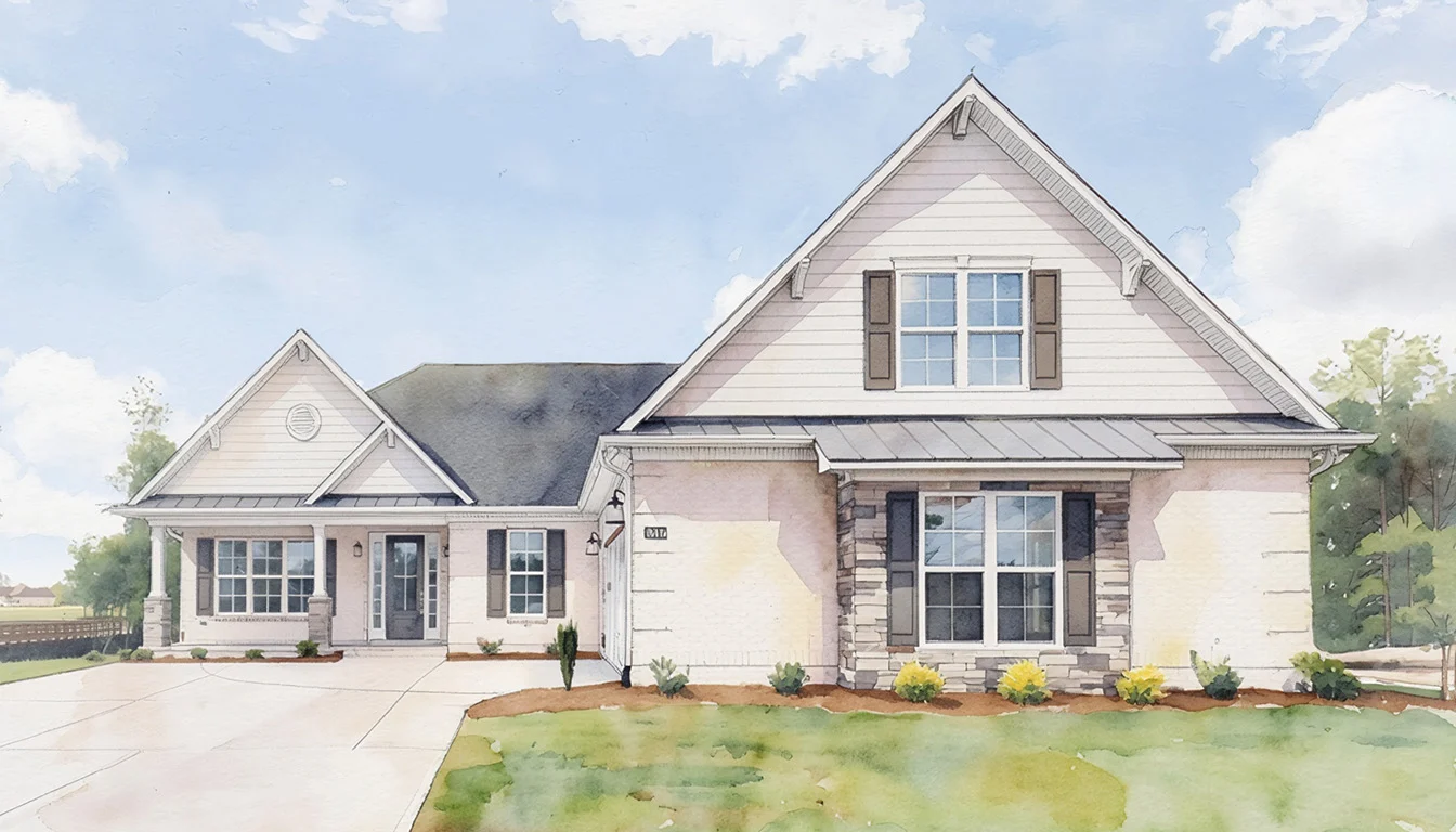 The Sea Island A modern ranch-style home with gabled roof, large windows, stone accents, and a welcoming front porch, showcasing a home builder's design.