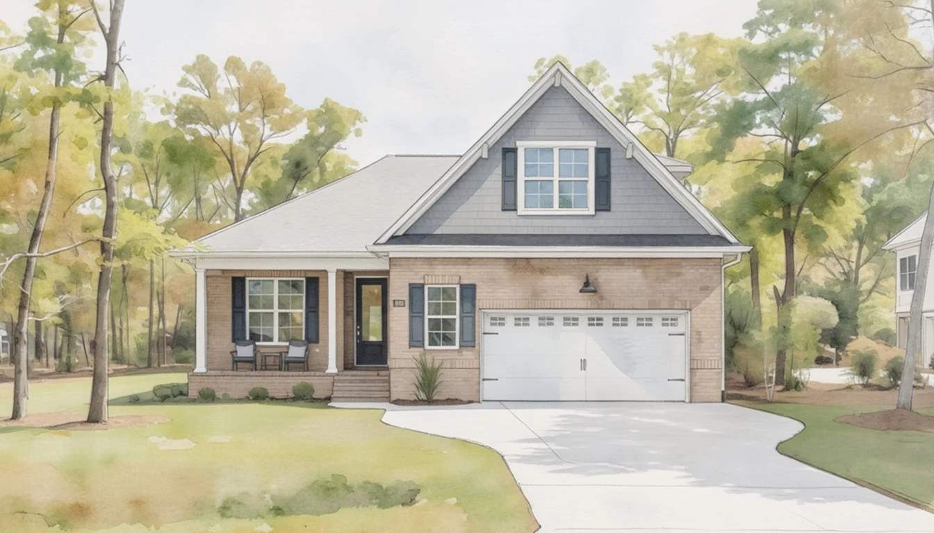 Cozy suburban home with brick exterior, white garage, and a covered porch. Surrounded by lush trees, crafted by a skilled home builder.