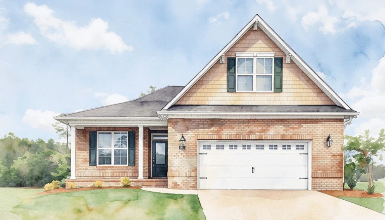 Charming brick home with gable roof, garage, and lush lawn, showcasing the craftsmanship of a skilled home builder.