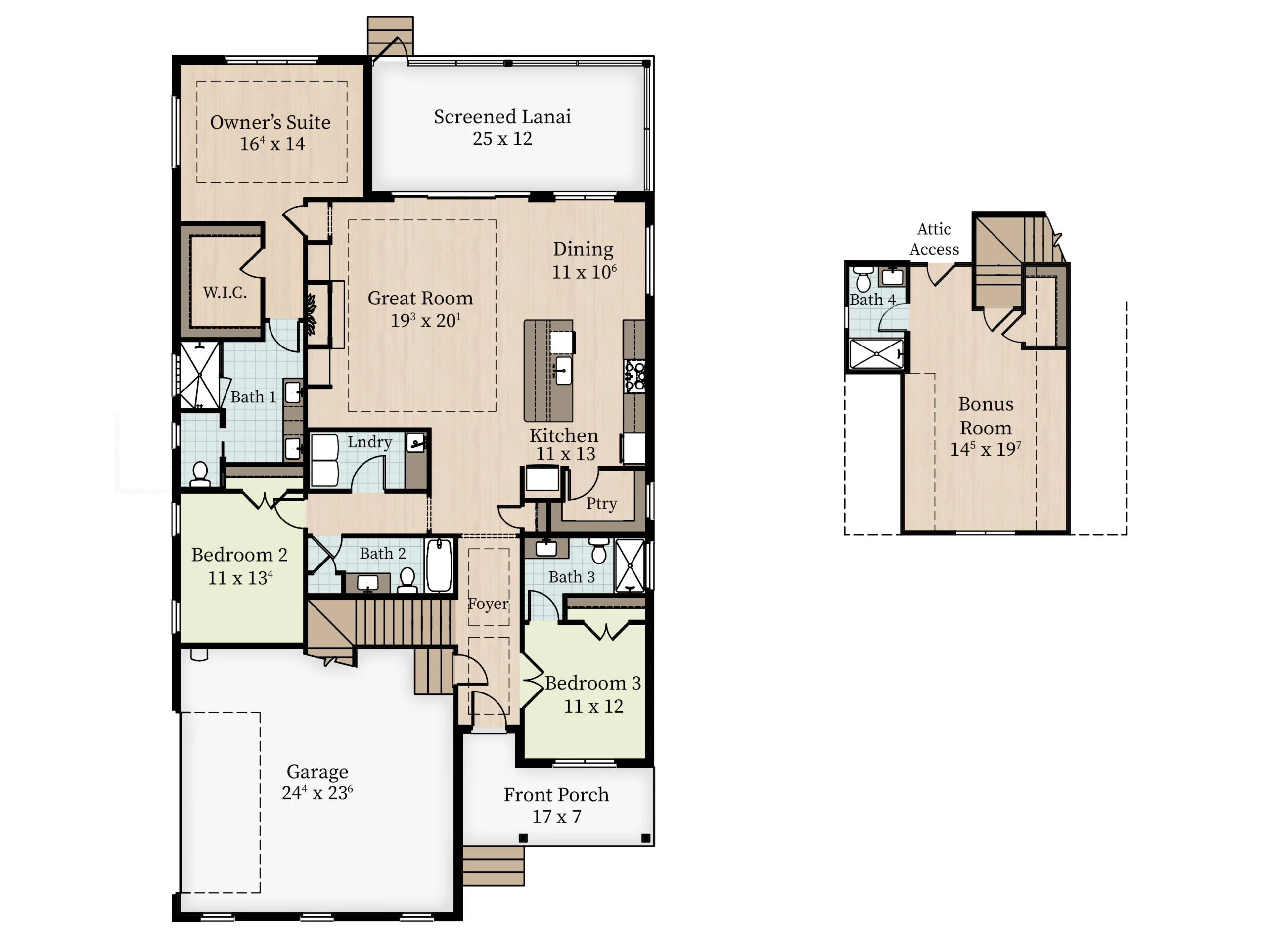 Floor plan layout with two levels, including owner's suite, screened lanai, great room, and bonus room. Ideal for home builder reference.