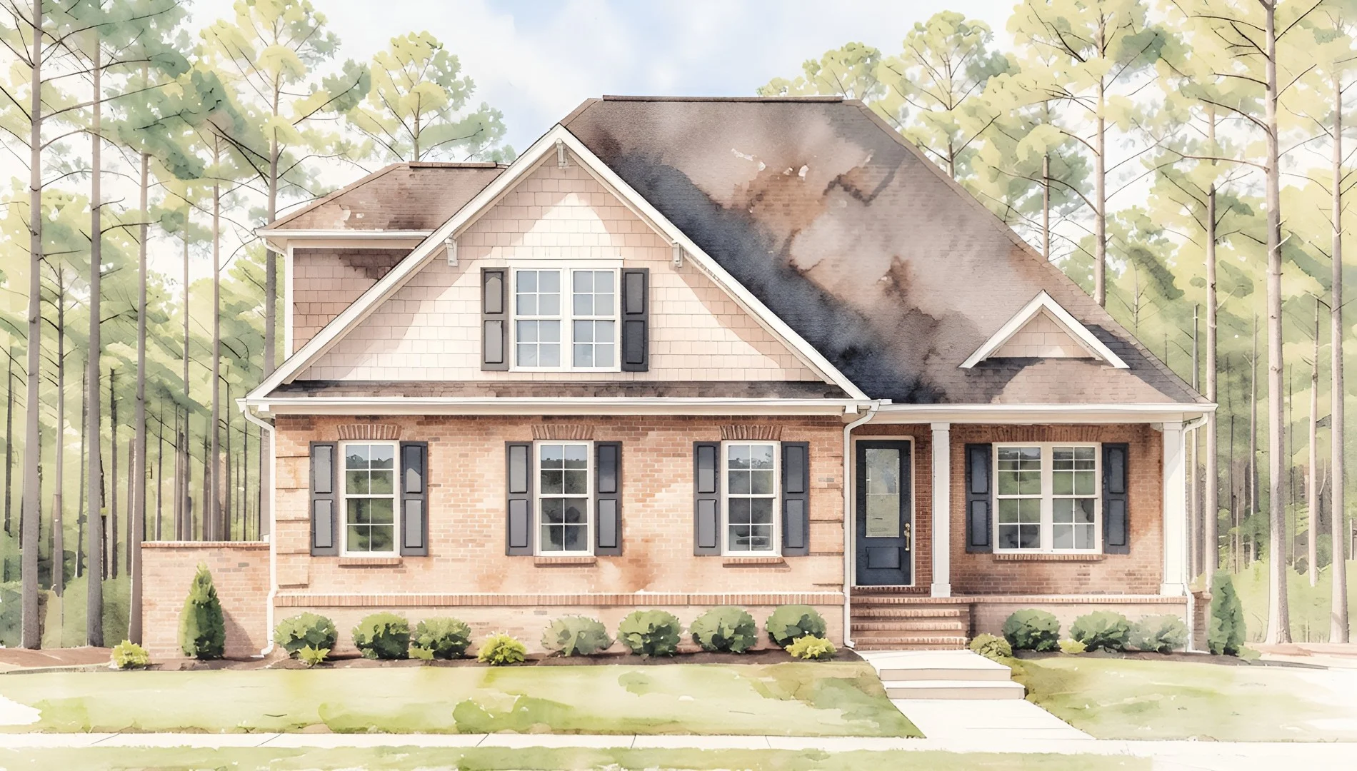 Shinwood Rendering (WEB) Charming brick home with dormers, black shutters, and a spacious front lawn, surrounded by tall pine trees. Ideal for home builder inspiration.