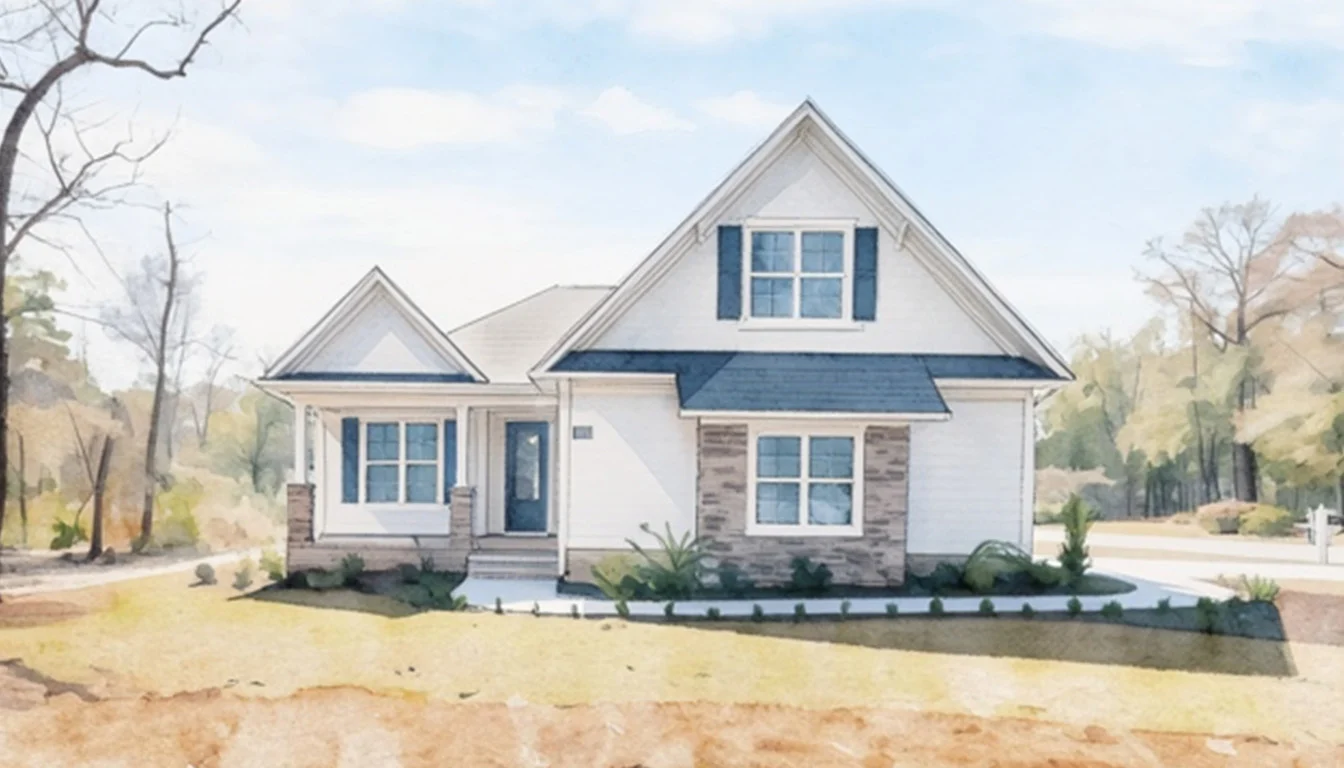 Modern suburban house with blue shutters and stone accents, highlighting skilled home builder craftsmanship amidst a wooded landscape.
