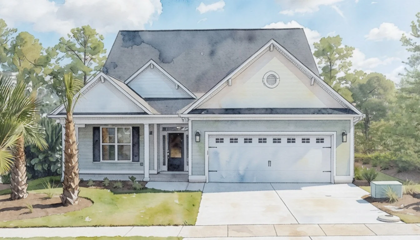 Modern suburban home with a gabled roof, two-car garage, and landscaped yard. Ideal for home builders focusing on cozy designs.