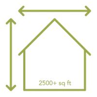 Outline of a house with arrows indicating dimensions, emphasizing home builder services or design planning.