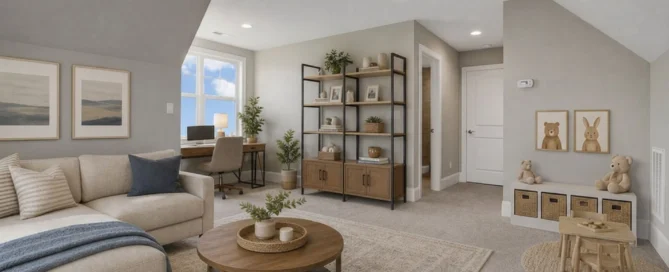 Cozy living space with neutral tones, featuring a desk by the window, plush sofa, decorative shelving, and playful children's nook. Ideal showcase for