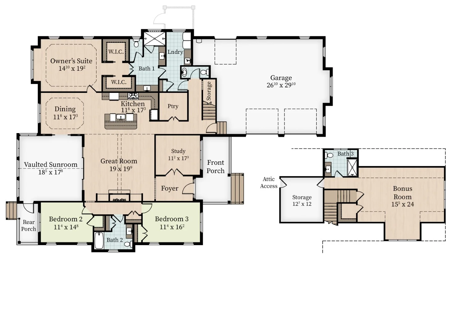 Floor plan featuring owner's suite, vaulted sunroom, great room, kitchen, and a large garage, ideal for home builders planning layouts.