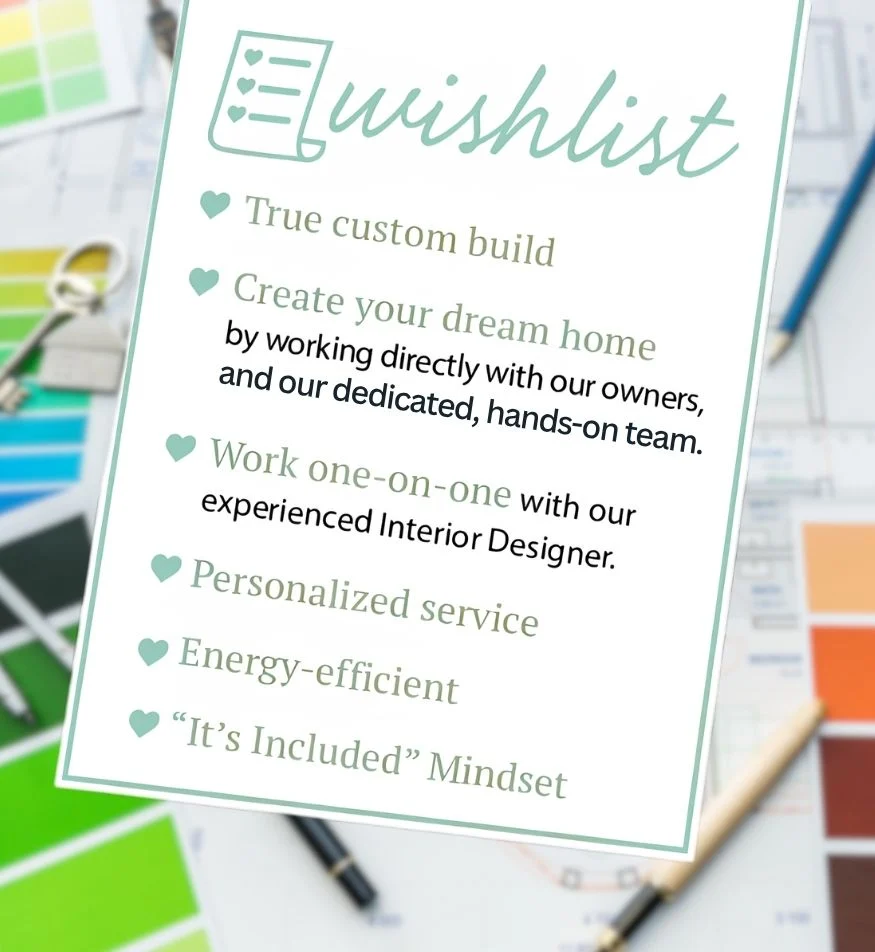 Build Your Wishlist Wishlist for home builder services: true custom build, dream home creation, interior design, personalized service, energy-efficient.