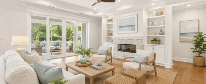 Modern living room with neutral tones, large glass doors, coastal decor, and a fireplace, showcasing a home builder's elegant interior design.