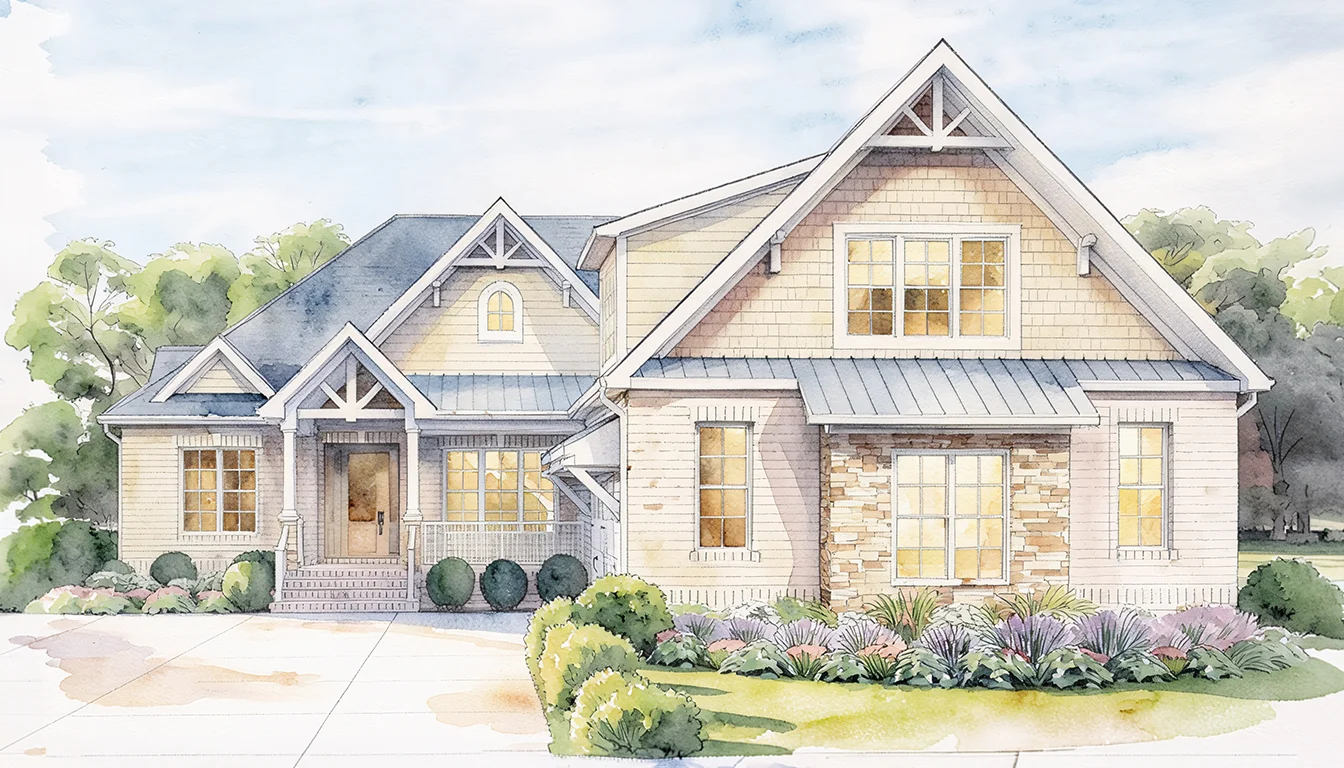 Coral Bay Ocean Ridge Charming cottage-style home with gabled roof, large windows, and manicured landscaping, showcasing home builder artistry.