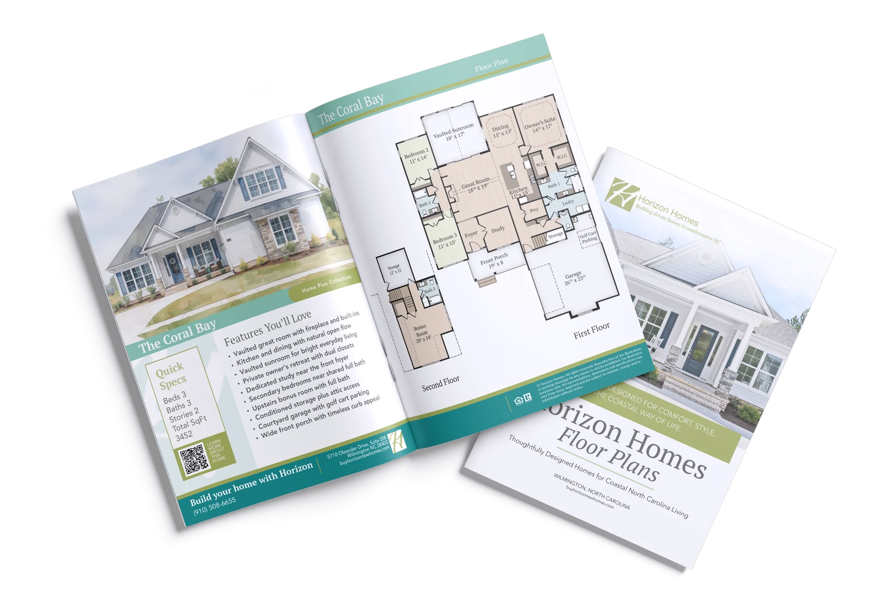 Floor Plan Book Open brochure featuring Coral Bay home builder floor plans, specs, and features, beside Horizon Homes booklet.
