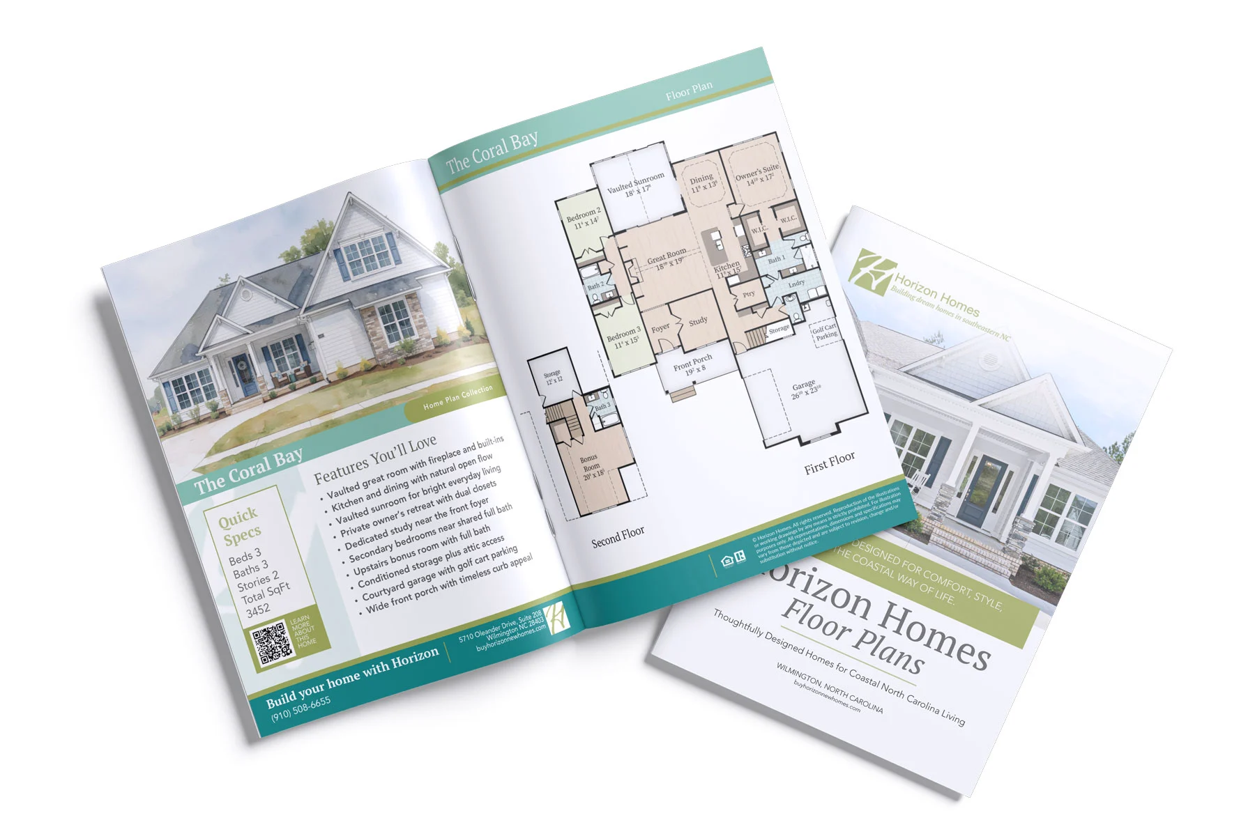 Brochure showcasing Horizon Homes' "The Coral Bay" design with floor plans and features from a home builder, emphasizing comfort and style.
