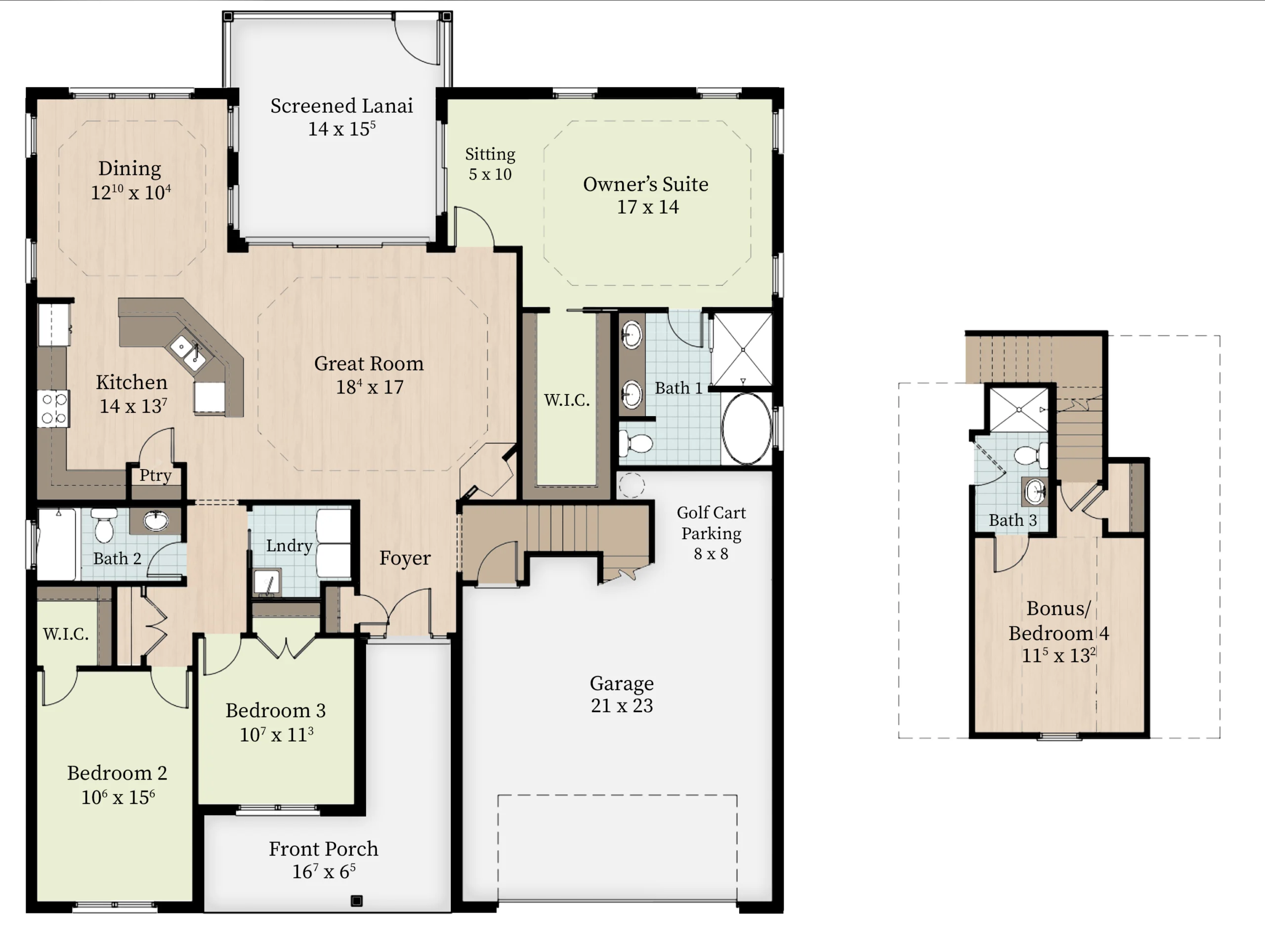 Floor plan with three bedrooms, screened lanai, great room, kitchen, dining area, garage, and bonus room on the second floor. Ideal for home builder p