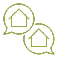 Two green speech bubbles with house icons inside, symbolizing communication for a home builder.