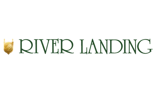 River Landing logo with gold shield emblem on left, dark green serif font. Suitable for home builder branding.