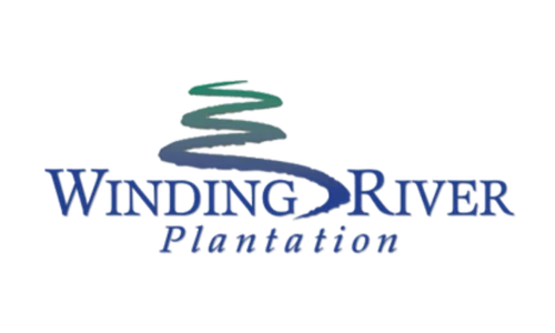 Logo for Winding River Plantation featuring a stylized, swirling river design in gradient blue and green. Suitable for a home builder community.