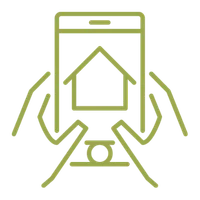 Smartphone displaying a house symbol, surrounded by geometric shapes resembling hands, representing a digital home builder concept.