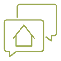 Overlapping speech bubbles with a house outline inside, symbolizing communication about home building.