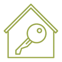 Outline of a house with a key inside, symbolizing home builder services.