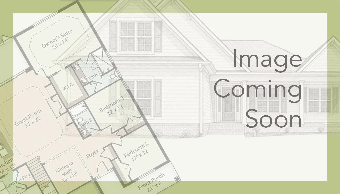 Floor plan overlay on home sketch with "Image Coming Soon" text, showcasing details of a project by a home builder.