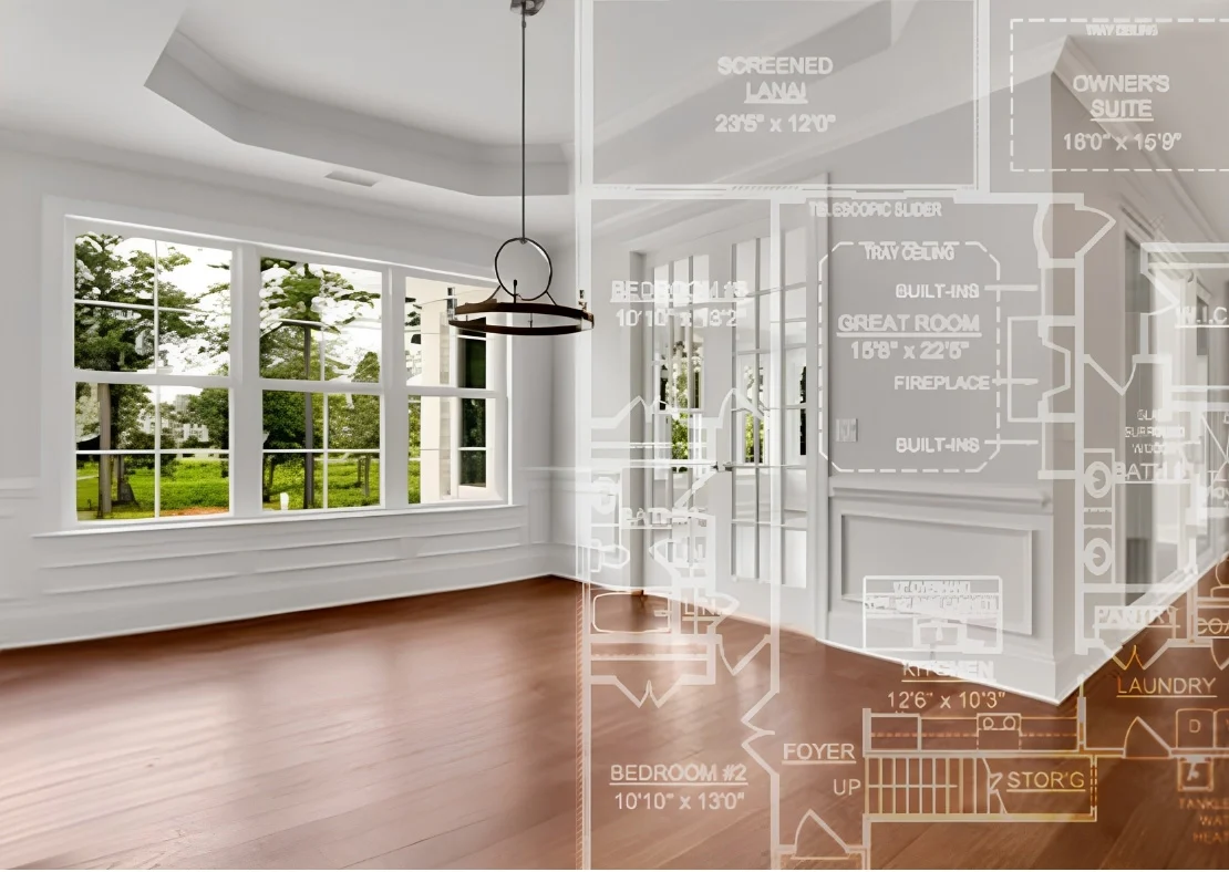 Bright room with large windows, overlayed with architectural plans, symbolizing innovative home builder design.