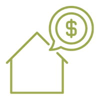 Outline of a house with a dollar sign in a speech bubble, symbolizing home builder cost considerations.