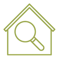 Outline of a house with a magnifying glass inside, symbolizing home builder search or inspection.