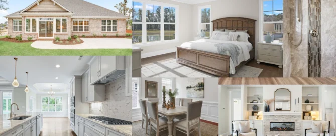 Modern home interior by home builder featuring spacious kitchen, elegant dining area, cozy bedroom, luxurious bathroom, and bright living room.