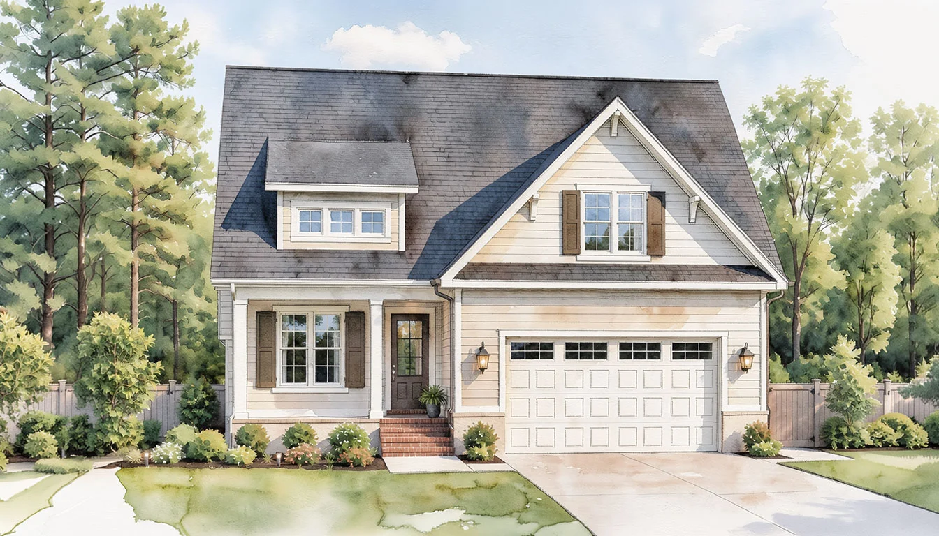 Charming two-story house with a gabled roof and garage, surrounded by trees, highlights the craftsmanship of a home builder.