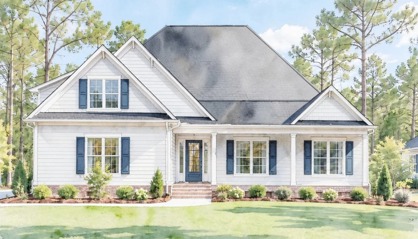 Charming white house with a steep roof, blue shutters, and manicured lawn, showcasing home builder craftsmanship amidst tall trees.